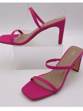 Carcuume Square Toe Two Strap 3.5” Block Heel Slip On Sandal Hot Pink Fauna- 8.5